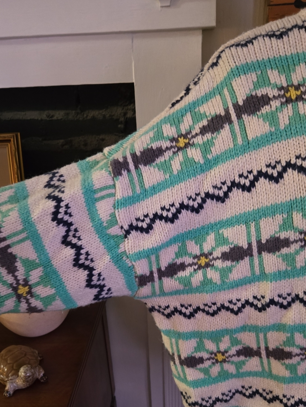 America Eagle 1990's Turtleneck Fair Isle Sweater - Ivory & Mint - Picture 2 of 6